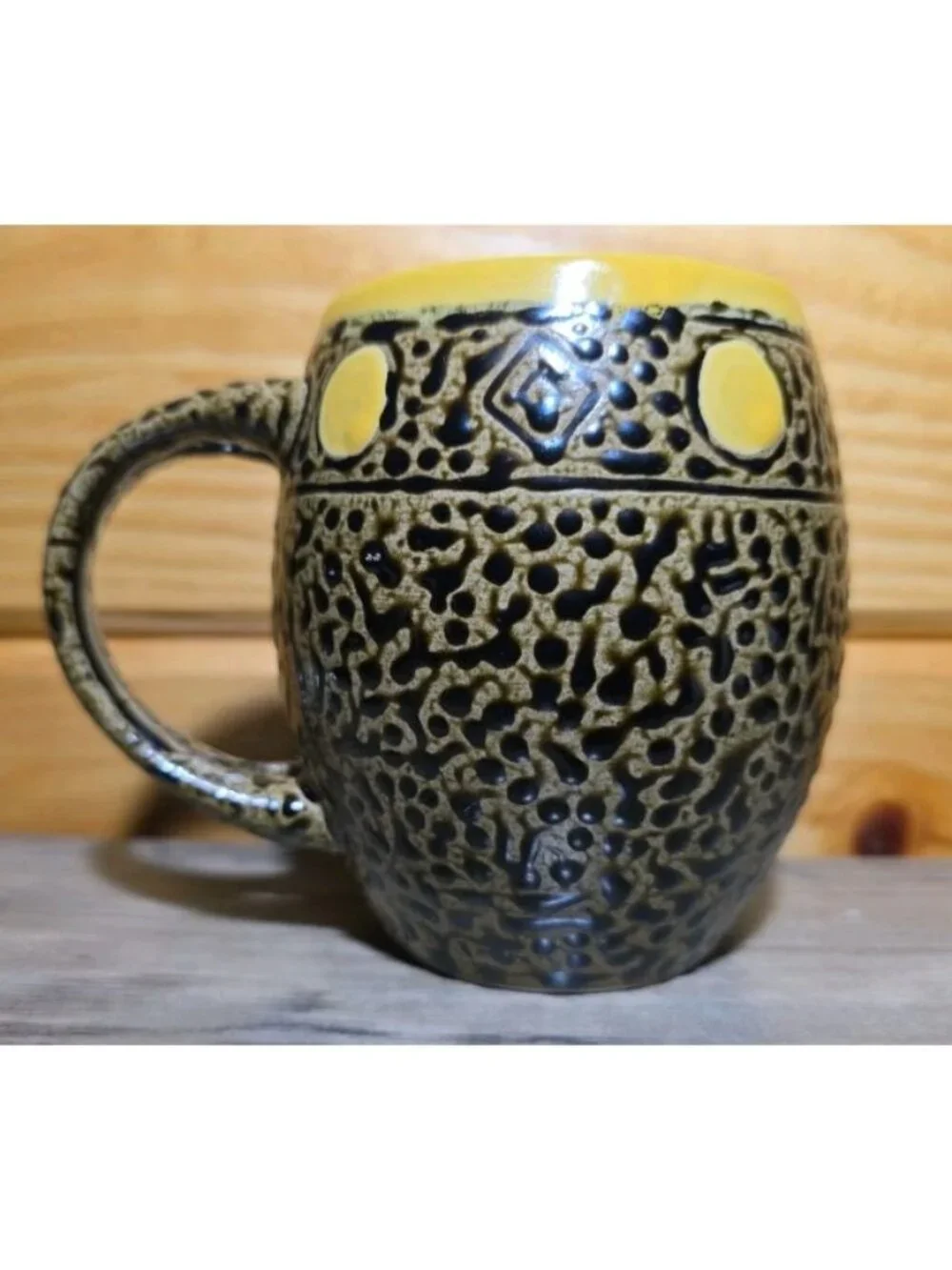 Tribal Mug By Always Azul Pottery Colorado USA Dark Yellow & Black Texture Handm
